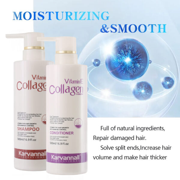 Karvannall Vitamin E Collagen shampoo and conditioner bottles with moisturizing and smooth text on a blue background.