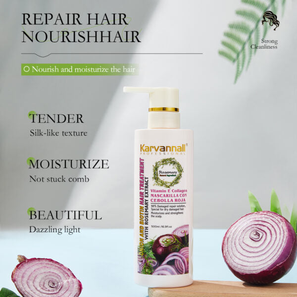 Karvannall hair care product with ingredients and benefits on a light background