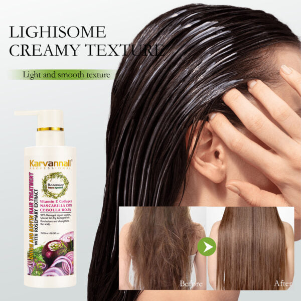 Hair treatment product with a bottle and a person applying it, showing before and after effects.