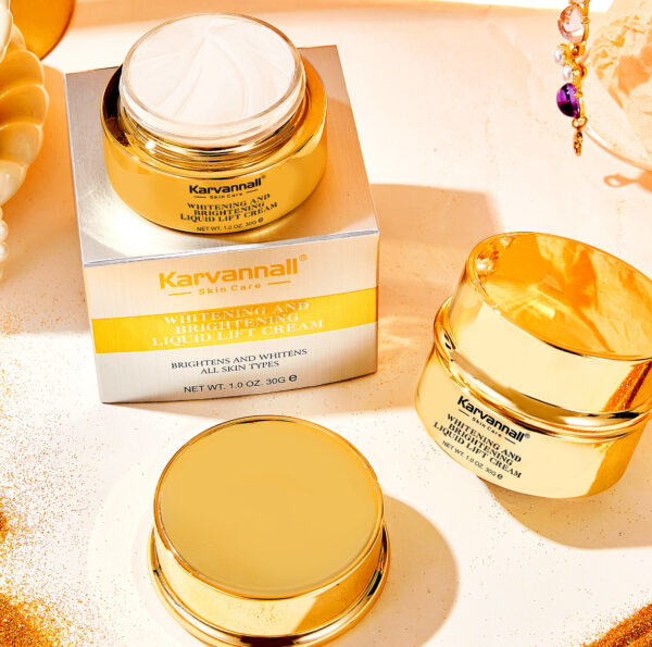 Karvannall skincare cream jars with packaging on a beige background