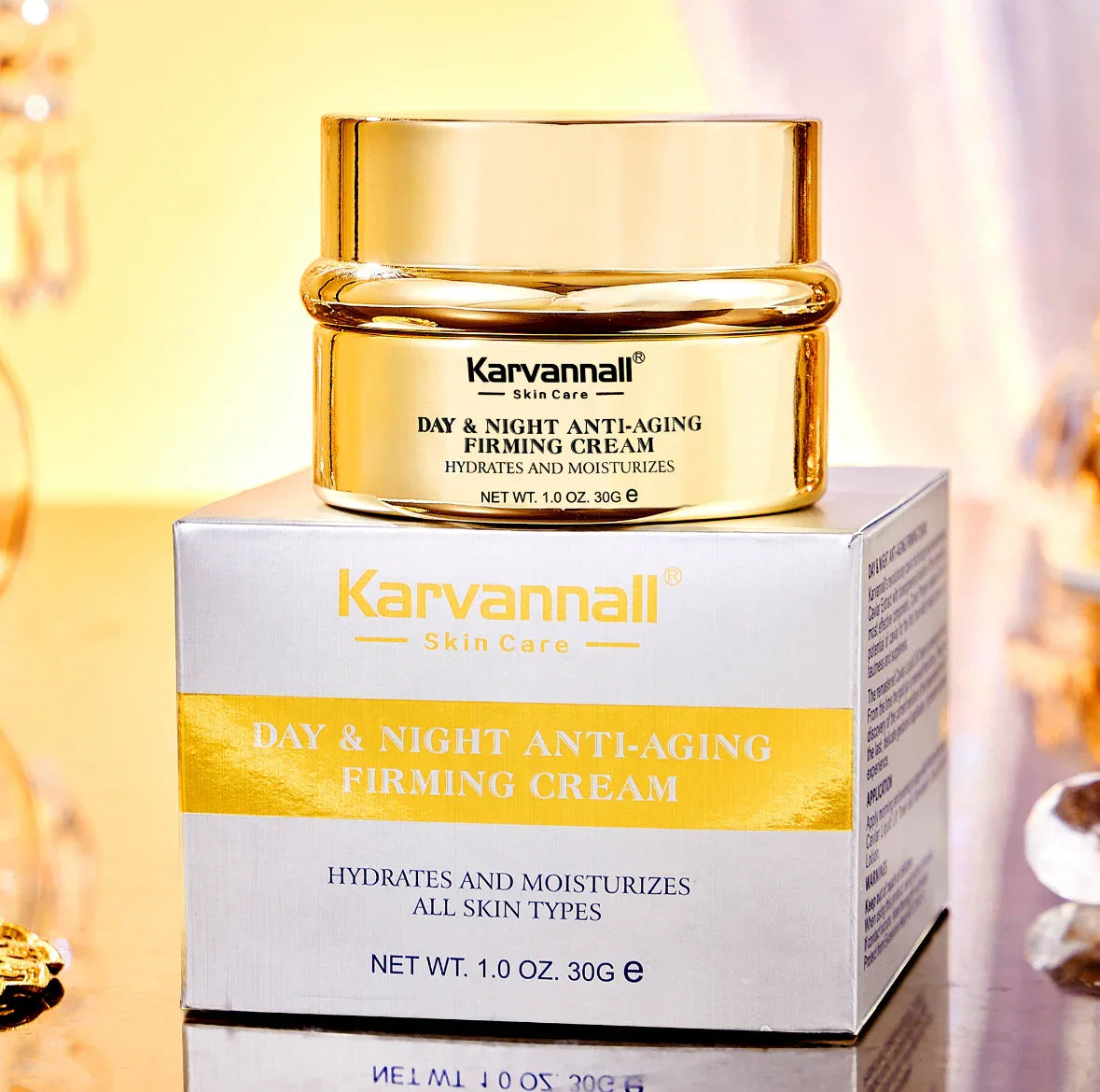 Karvannall Day & Night Anti-Aging Firming Cream jar and box on a reflective surface with blurred background