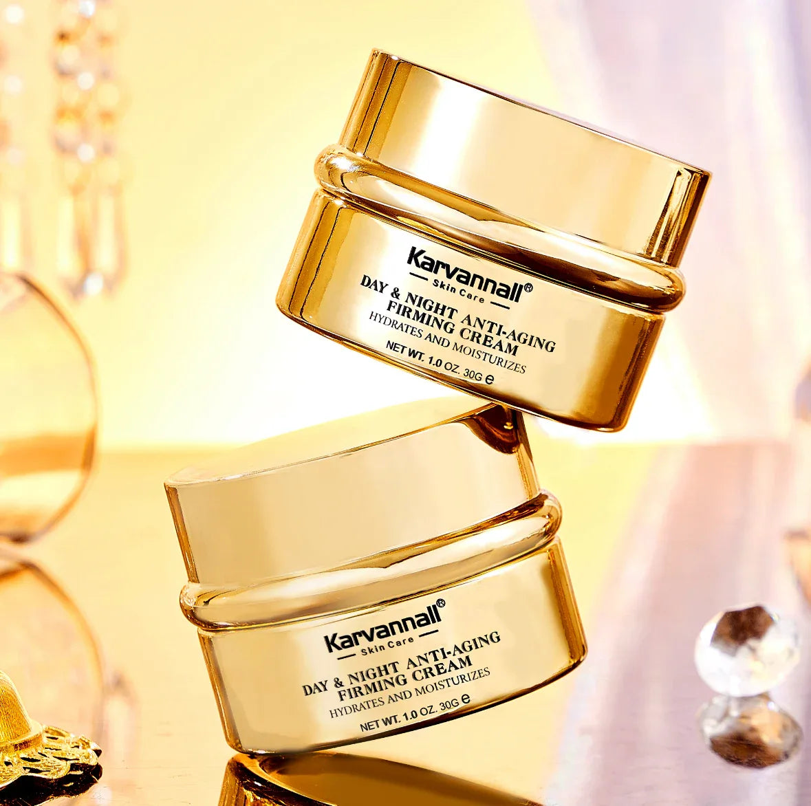 Gold jar of Karvannall Day & Night Anti-Aging Firming Cream on a blurred background