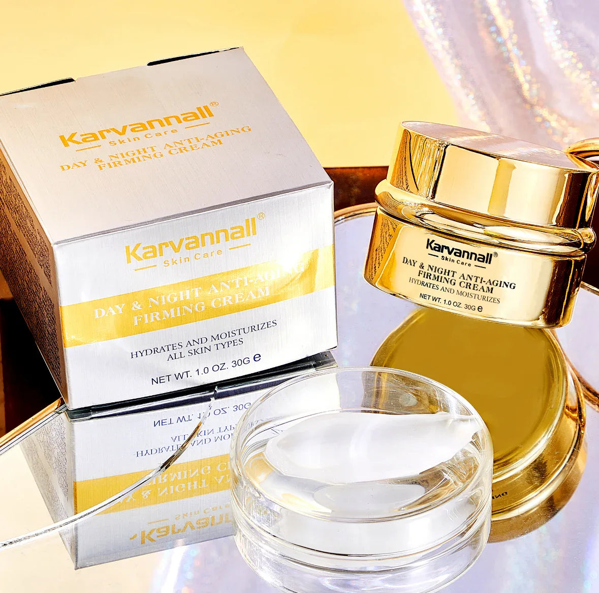 Karvannall skincare cream jar and packaging on a reflective surface with a yellow background