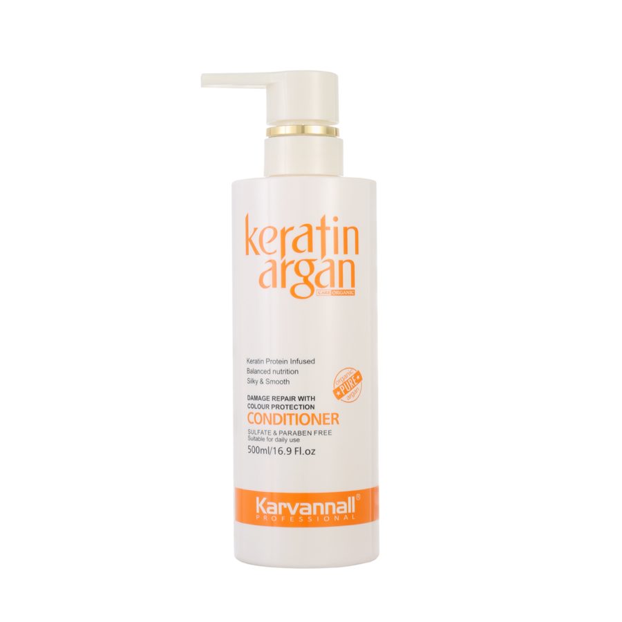 Keratin Argan conditioner bottle with pump on a white background