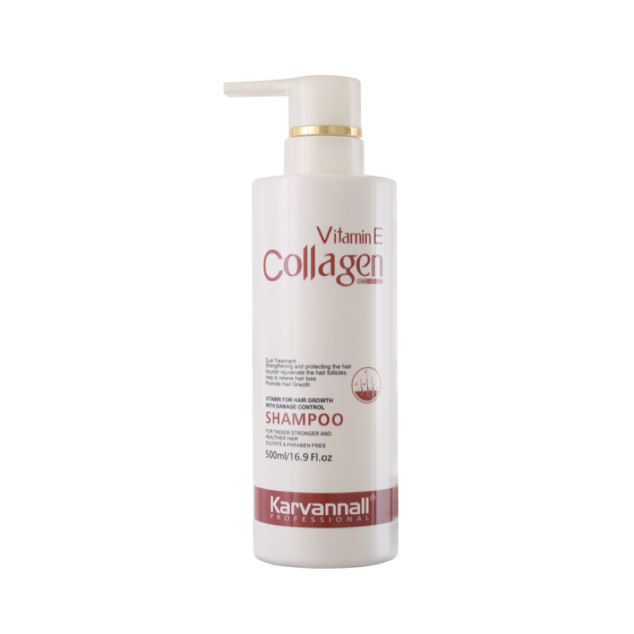 Shampoo bottle with pump labeled 'Vitamin E Collagen' by Karvannall on a white background