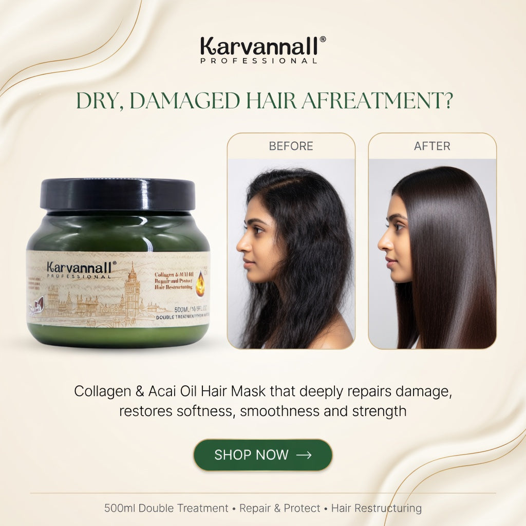 Karvannall hair mask advertisement with before and after effects on hair.