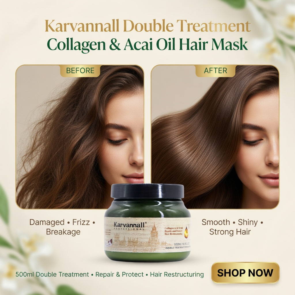 Karvannall Double Treatment Collagen & Acai Oil Hair Mask advertisement with before and after effects on hair.