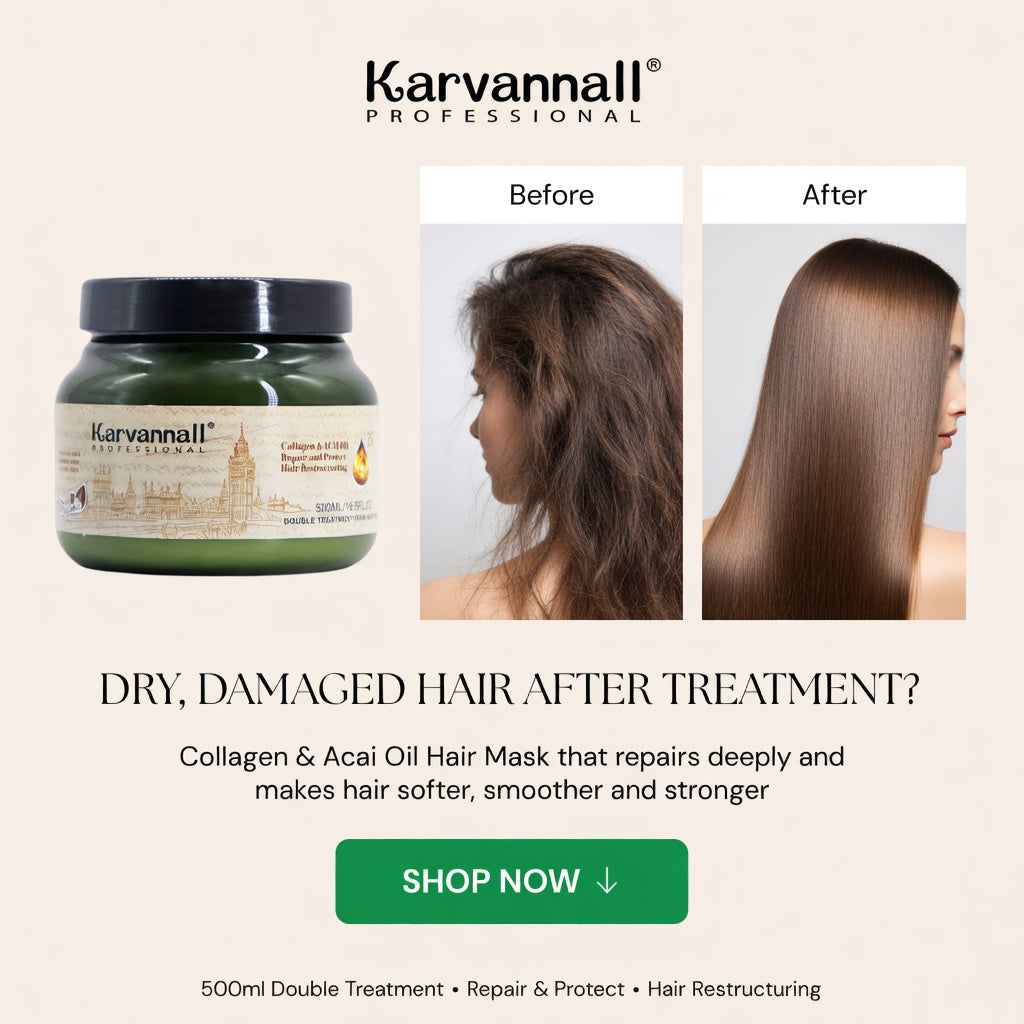 Karvannall hair mask with 'Before' and 'After' hair comparison on a beige background