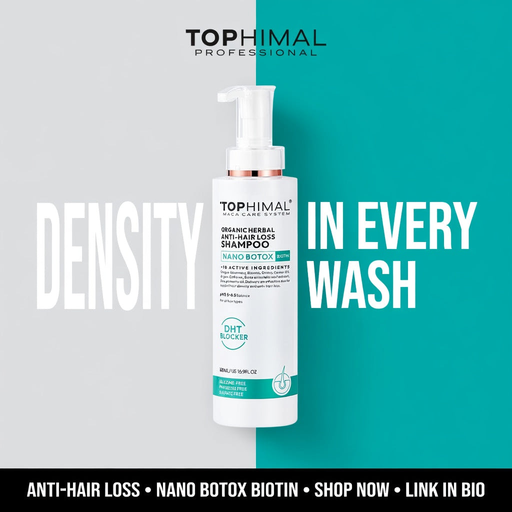 Top Himal shampoo bottle with promotional text on a two-tone background