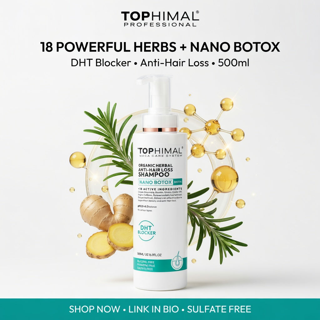 Tophimal shampoo bottle with herbs and text on a white background