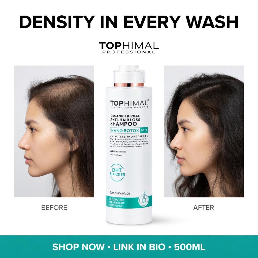 TopHimal shampoo bottle with 'Before' and 'After' hair comparison on a white background