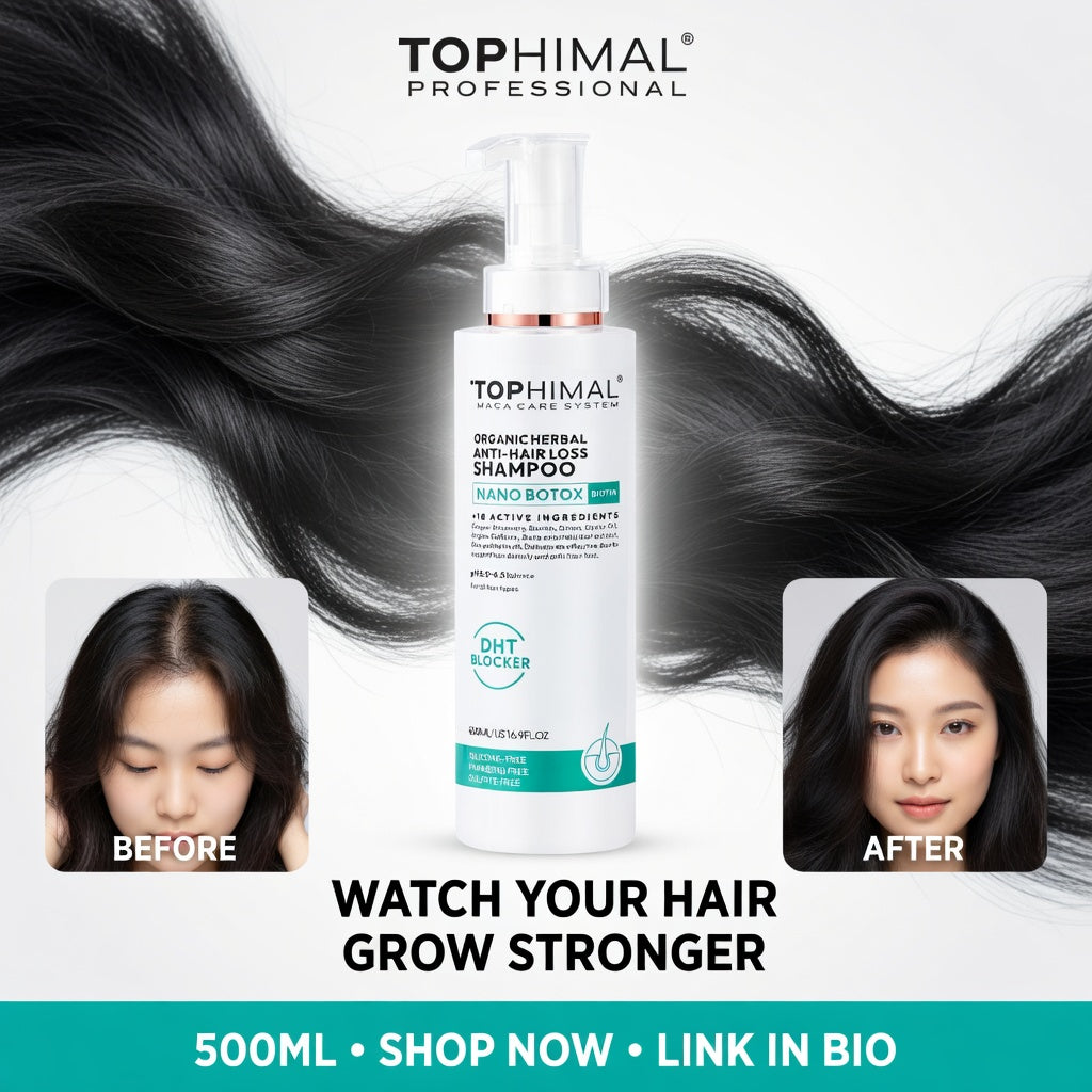 Top Himal shampoo bottle with before and after hair comparison on a white background