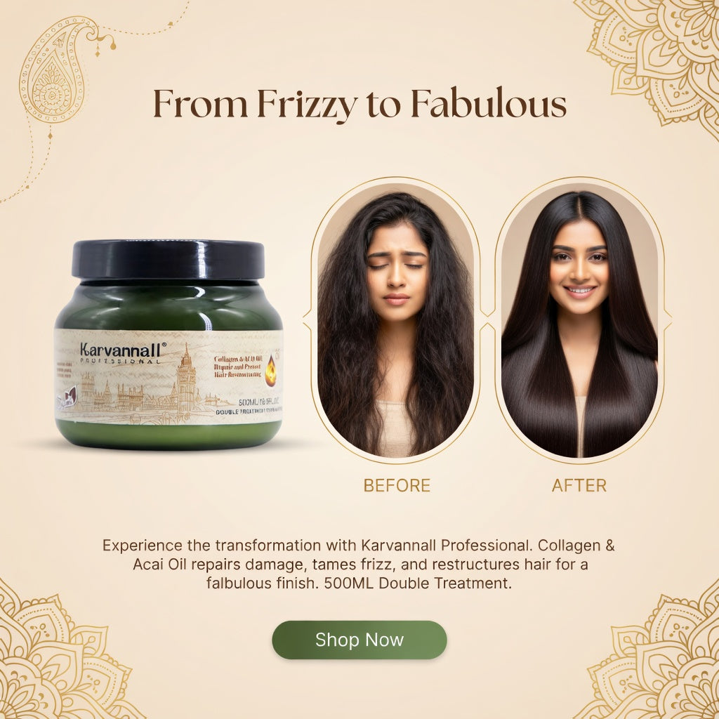 Hair care product with 'From Frizzy to Fabulous' text and before/after images of hair.