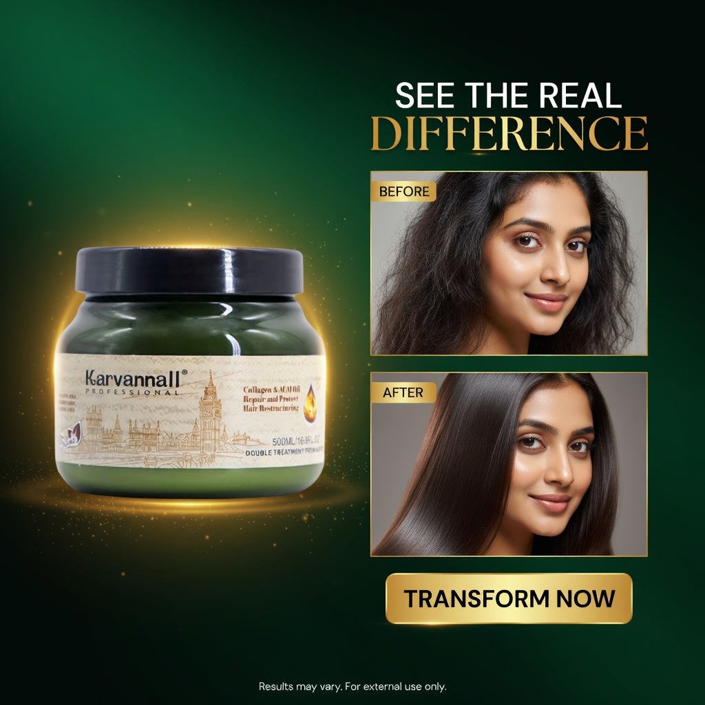 Karvannall hair care product with 'Before' and 'After' hair transformation images on a dark green background.
