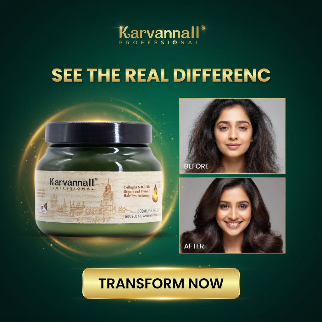 Karvannall hair care product with 'Before' and 'After' hair transformation images on a green background.