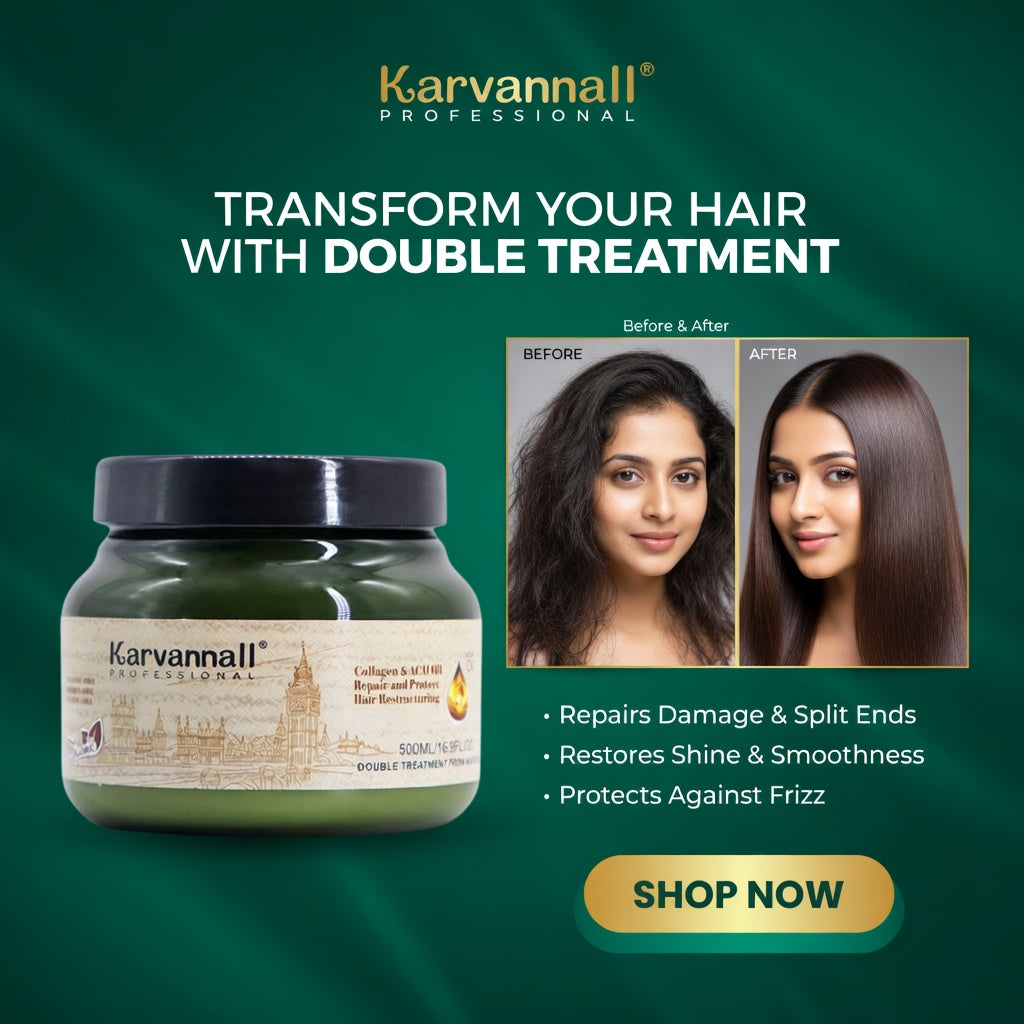 Karvannall hair treatment jar with before and after images on a green background