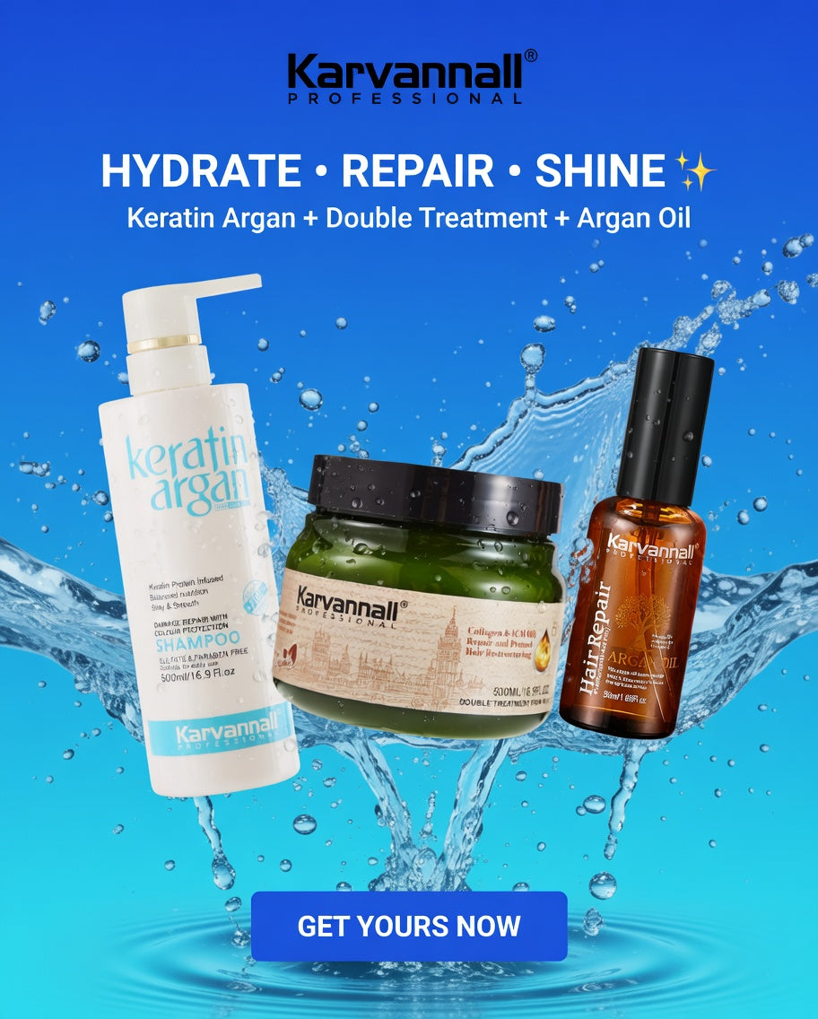 Karvannall hair care products with a blue water splash background